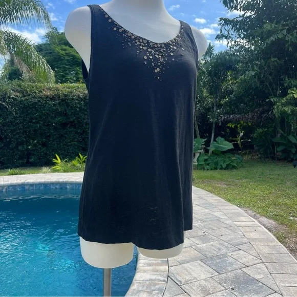 Eileen Fisher Linen Black Tank Top with Gold Accents size medium - Picture 4 of 9